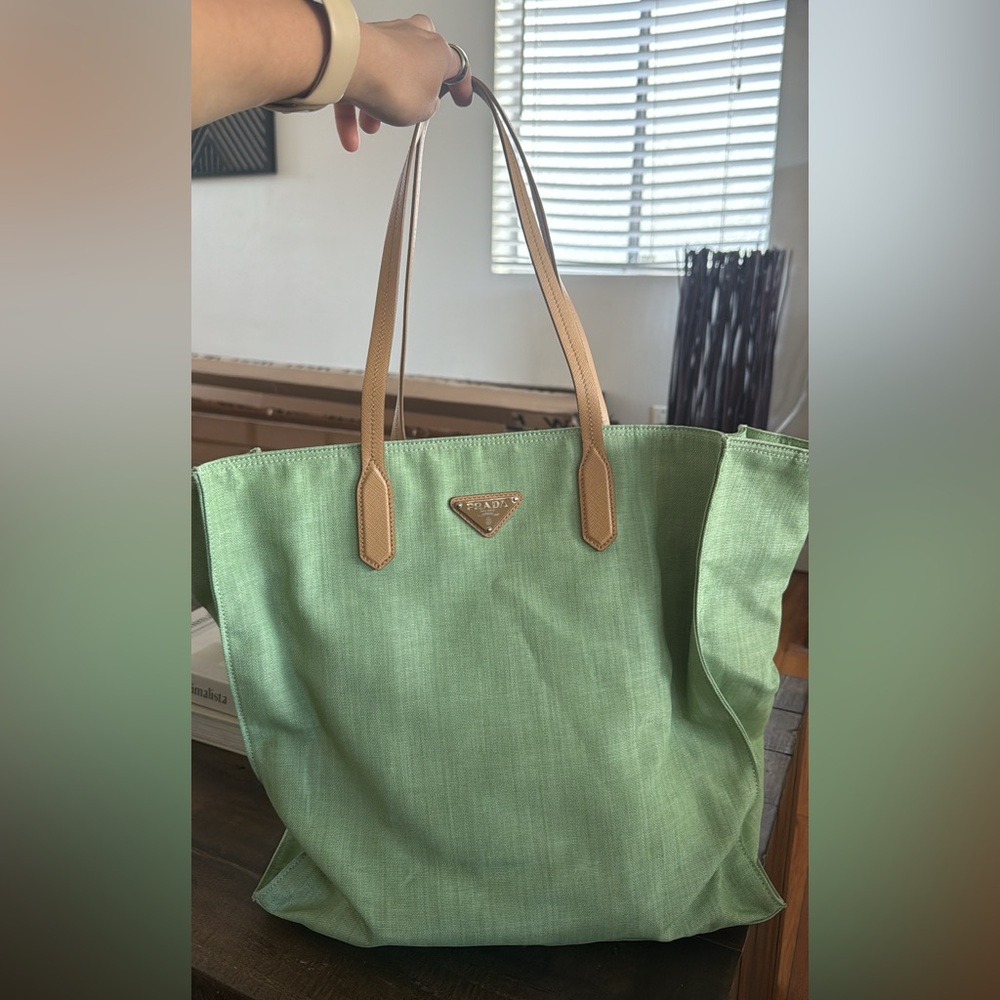 Prada Light Green and Tan Tote Bag